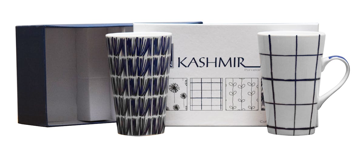 Coffret de 2 mugs XL porcelaine blanc à motifs bleus assortis KASHMIR
