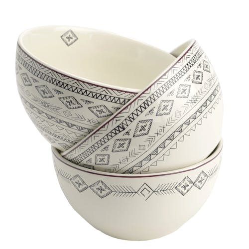 Coffret de 3 Bols Steppe en porcelaine écrue avec motifs linéaires et liseré couleur bordeaux