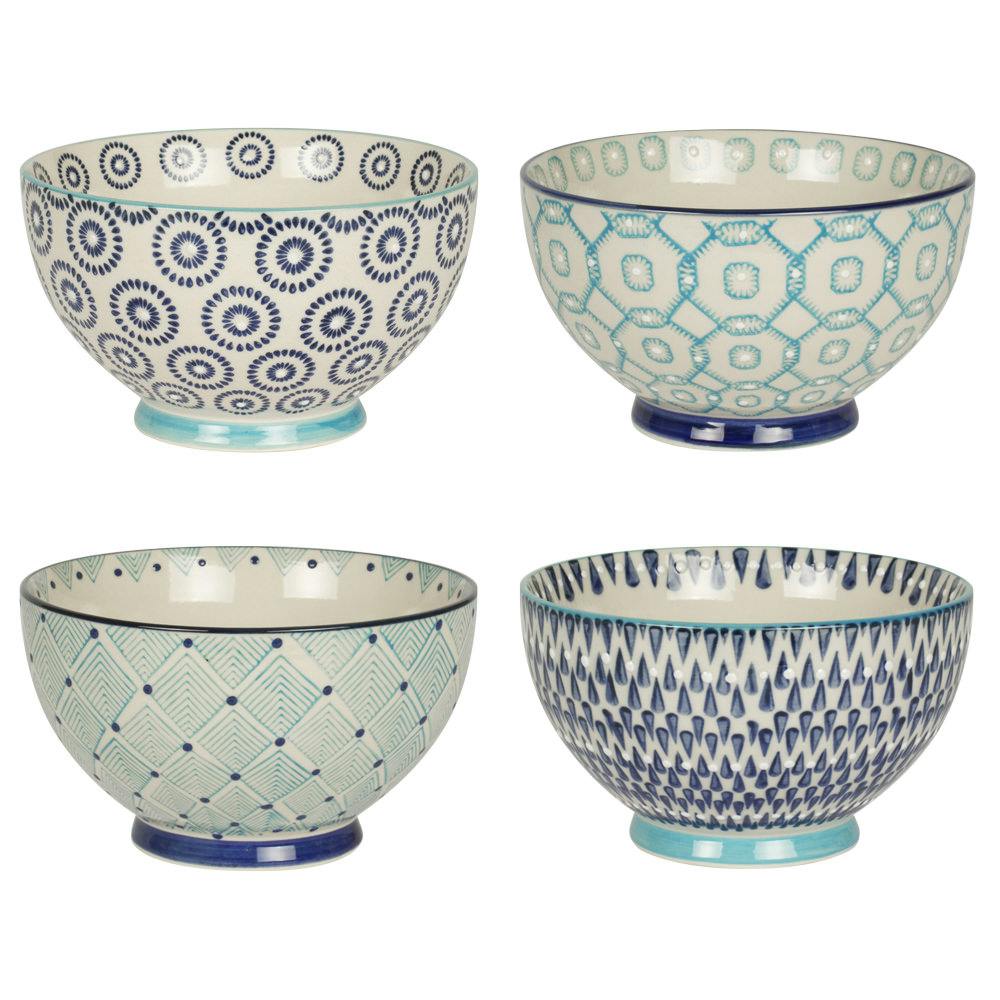 Coffret de 4 bols décor géométrique céramique tons bleus D14xH9,5cm