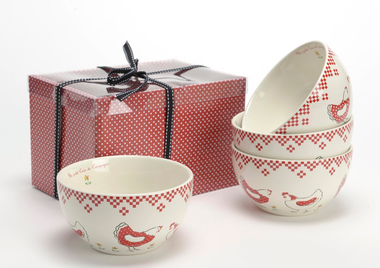 Coffret de 4 Bols Poule "Un petit Coin de Campagne" porcelaine rouge et écru