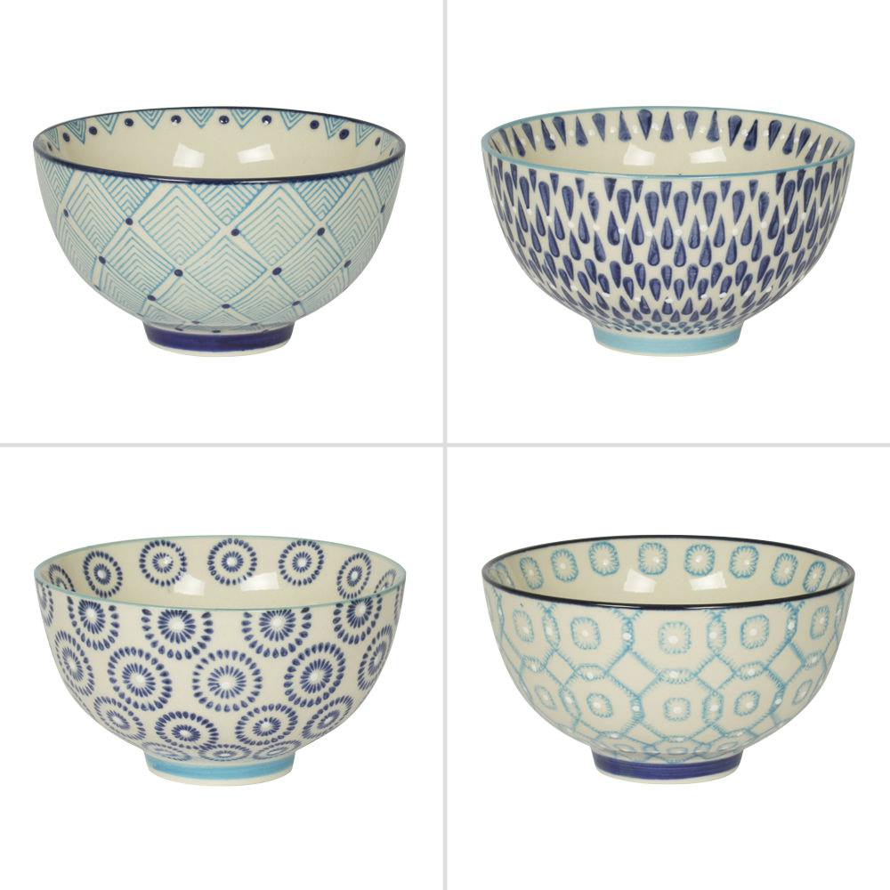 Coffret de 4 coupelles décor géométrique céramique tons bleus D11xH6,5cm