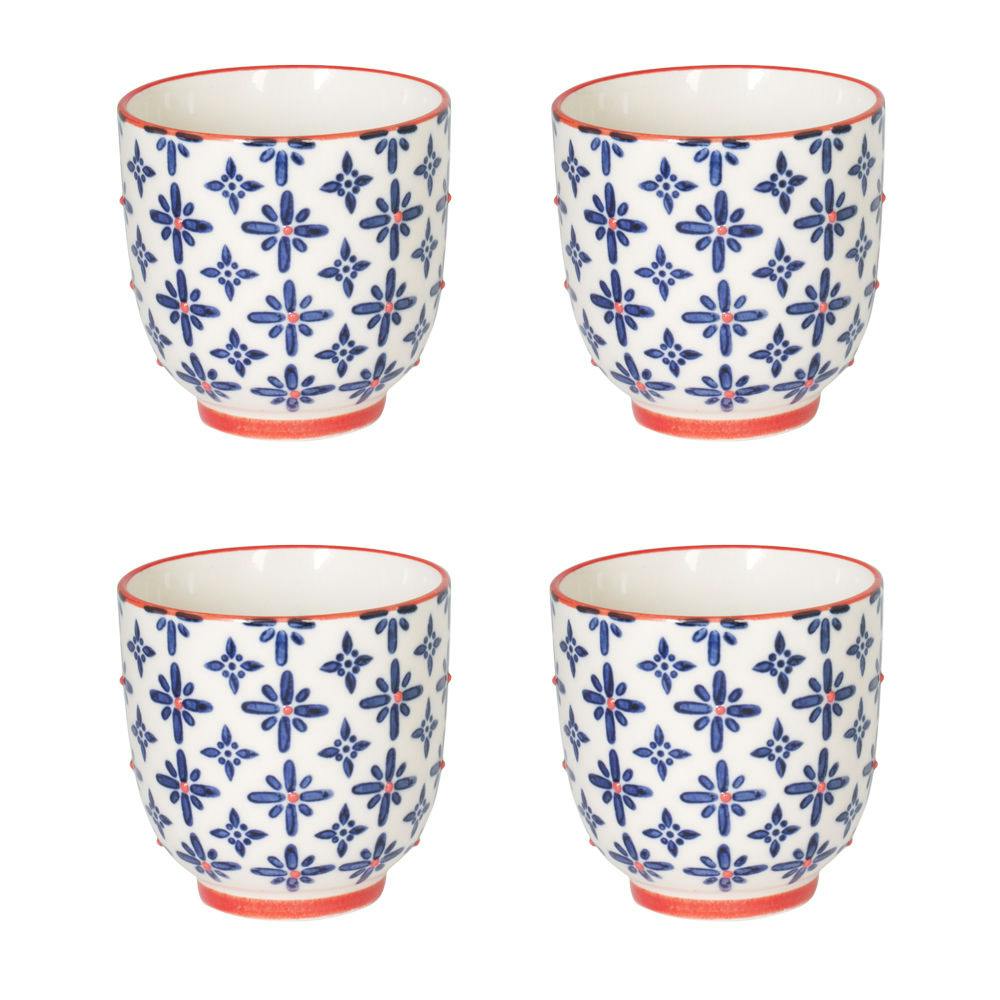 Coffret de 4 gobelets H.7cm céramique blanc à motifs coloris bleu et orange USHUAIA