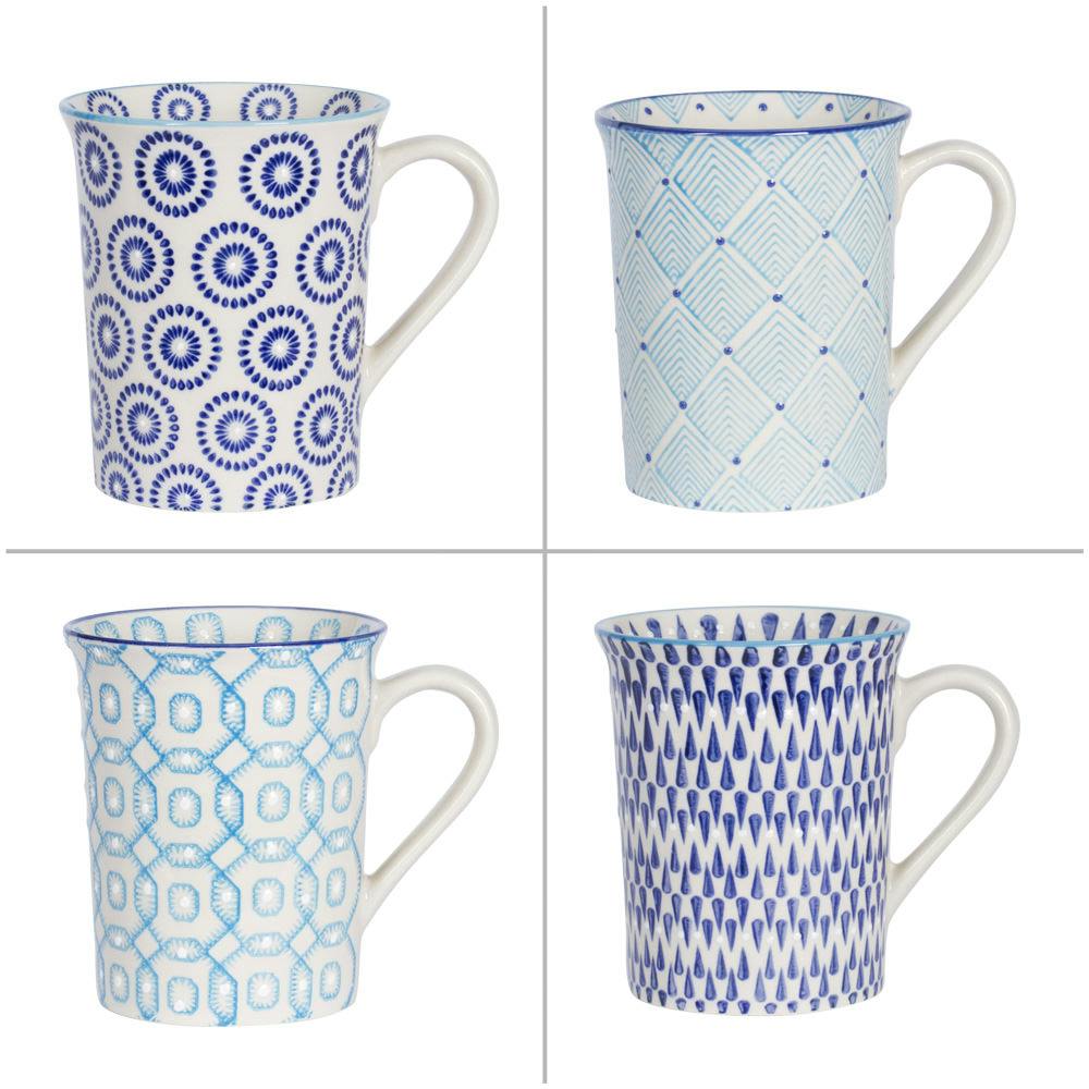 Coffret de 4 mugs à anse décor géométrique céramique tons bleus D5,5xH10cm