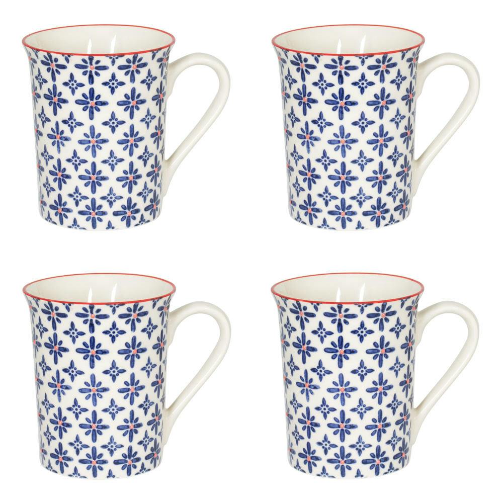 Coffret de 4 mugs à anse H.10cm céramique blanc à motifs coloris bleu et orange USHUAIA
