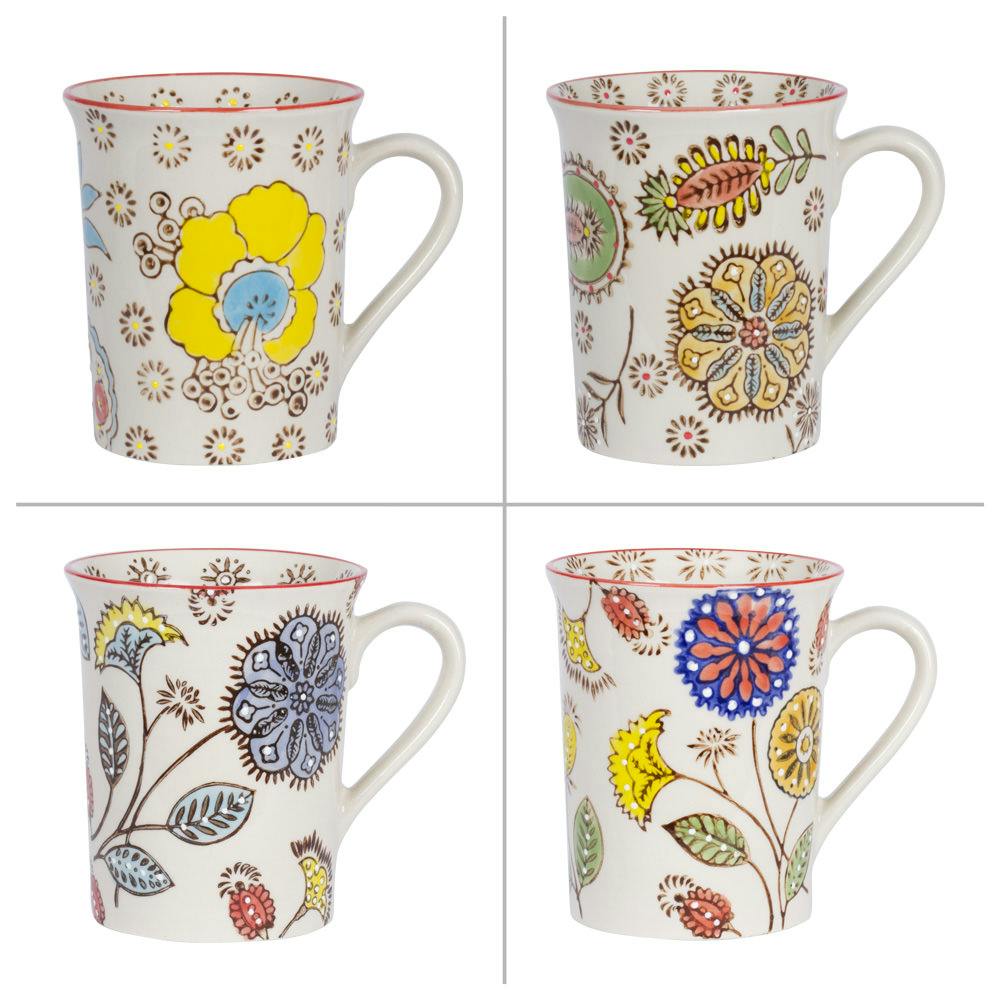 Coffret de 4 mugs à anse Hippy céramique décor fleurs colorées D5,5xH10cm
