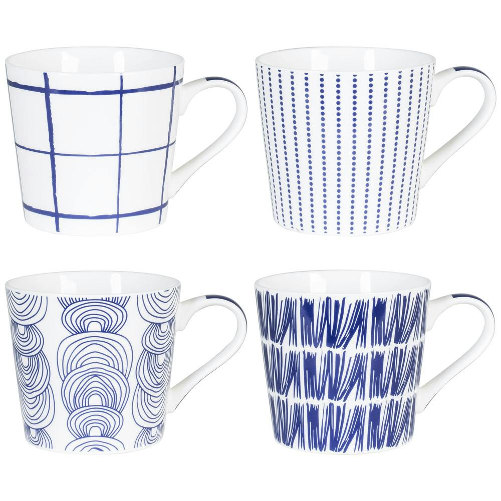 Coffret de 4 mugs à anse porcelaine blanc à motifs bleus assortis KASHMIR