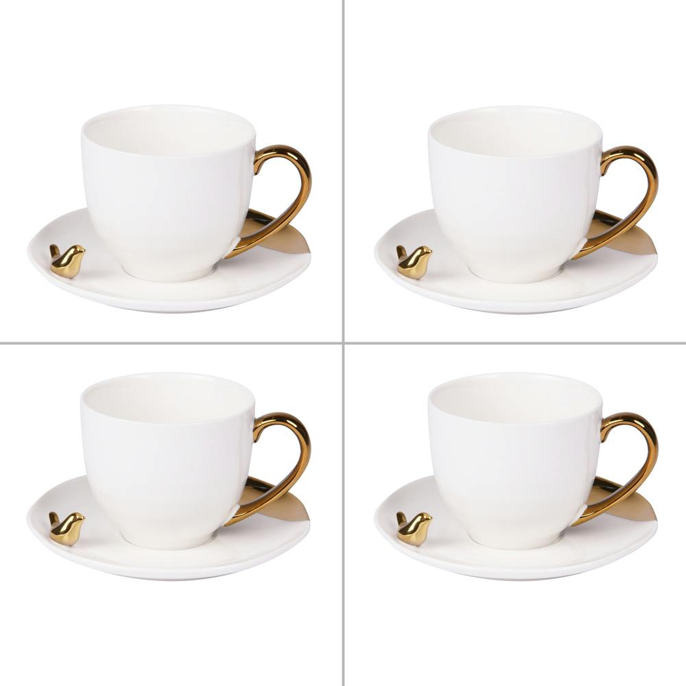 Coffret de 4 tasses à thé oiseau et anse dorés