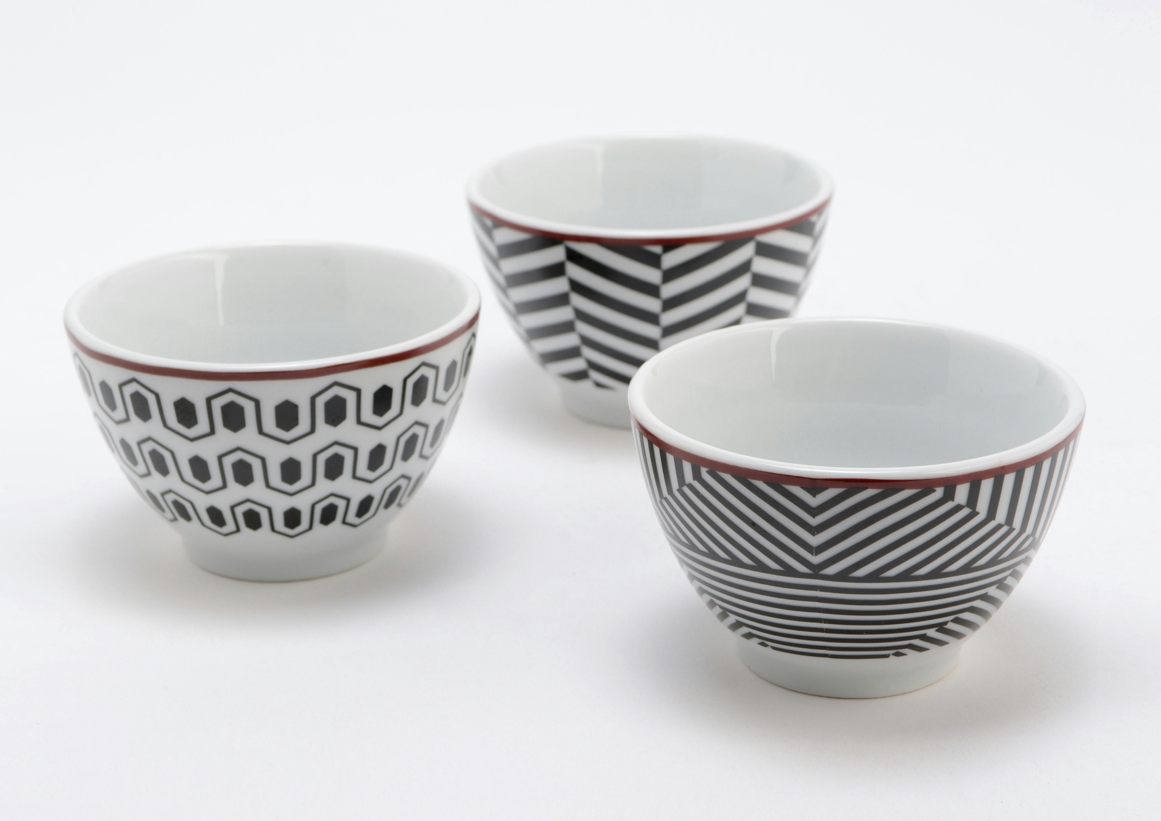 Coffret de 6 coupelles décor graphique porcelaine noir et blanc et liseré bordeaux