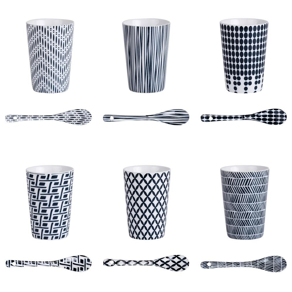 Coffret de 6 Gobelets + cuillères Indigo motifs tons bleus