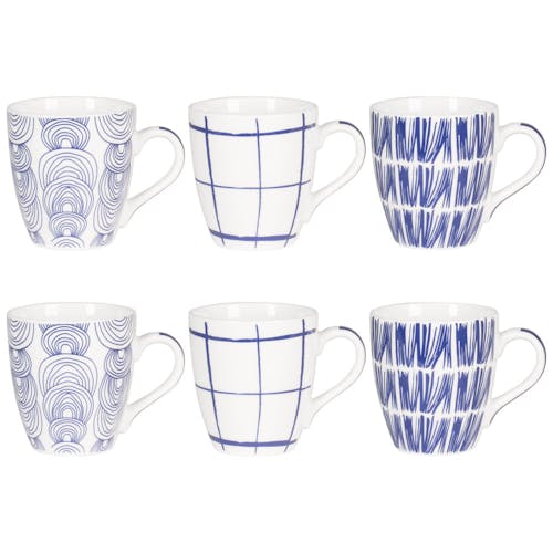 Coffret de 6 tasses à anse porcelaine blanc à motifs bleus assortis KASHMIR