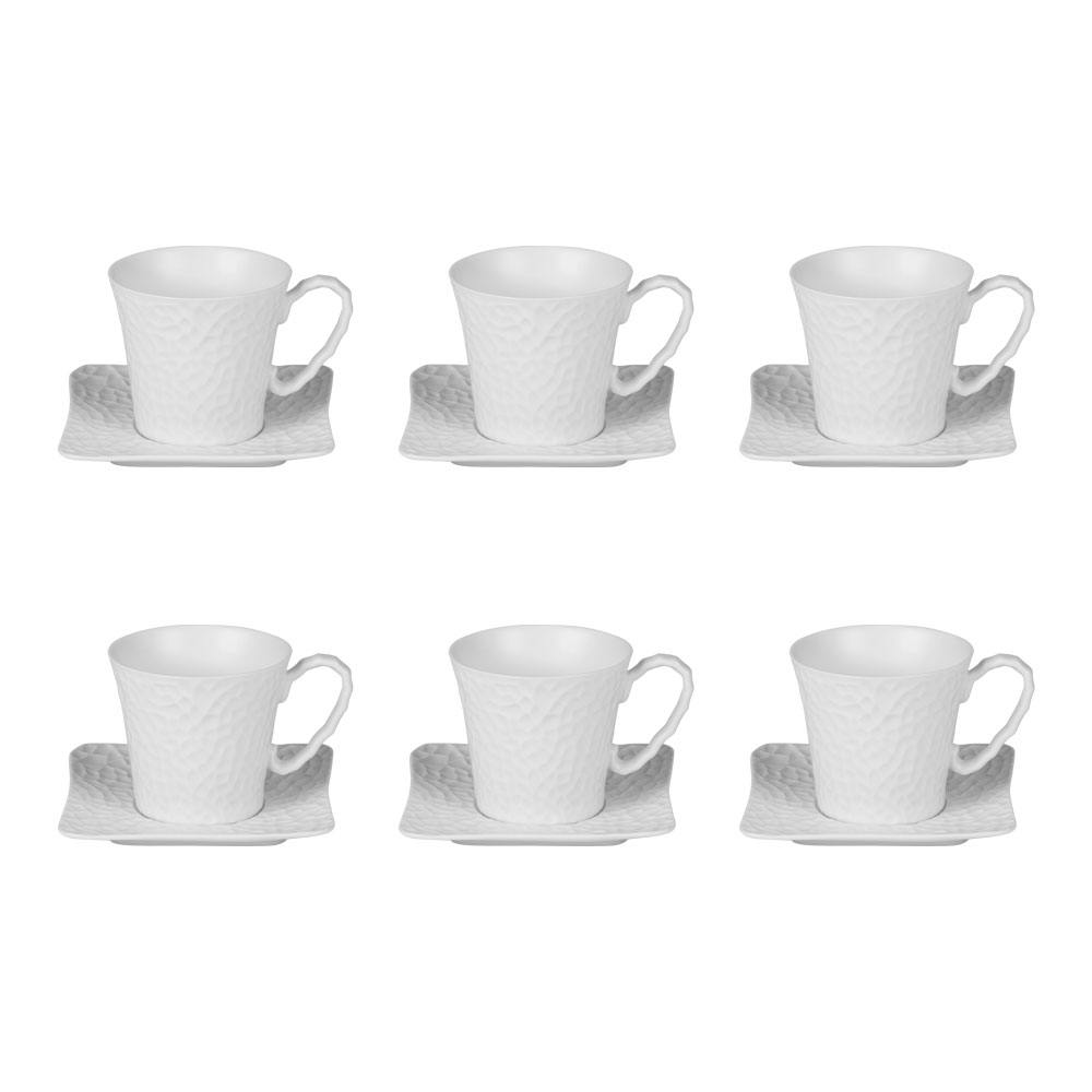 Coffret de 6 tasses et sous-tasses porcelaine blanche décor relief