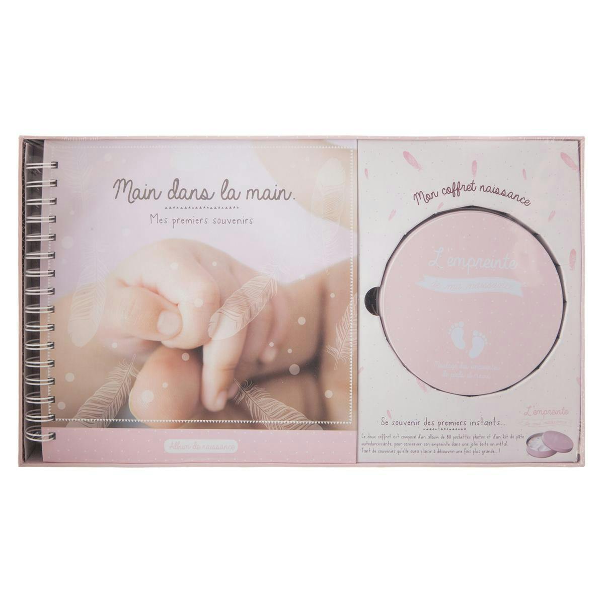Coffret de naissance album et empreinte rose