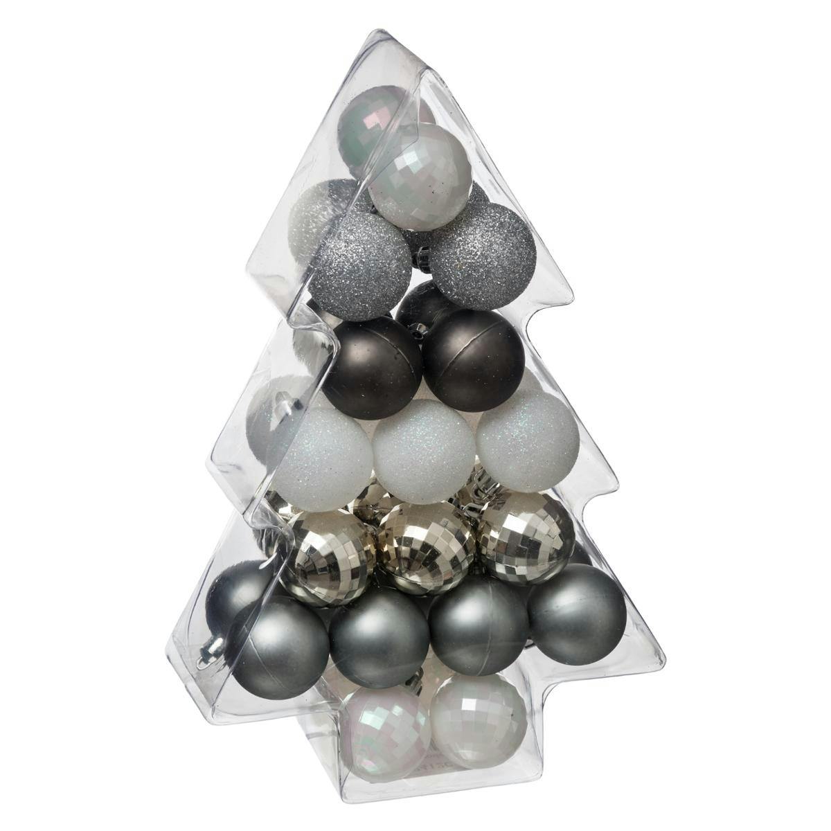 Mini boules de Noël argent et blanc en coffret (34 boules)