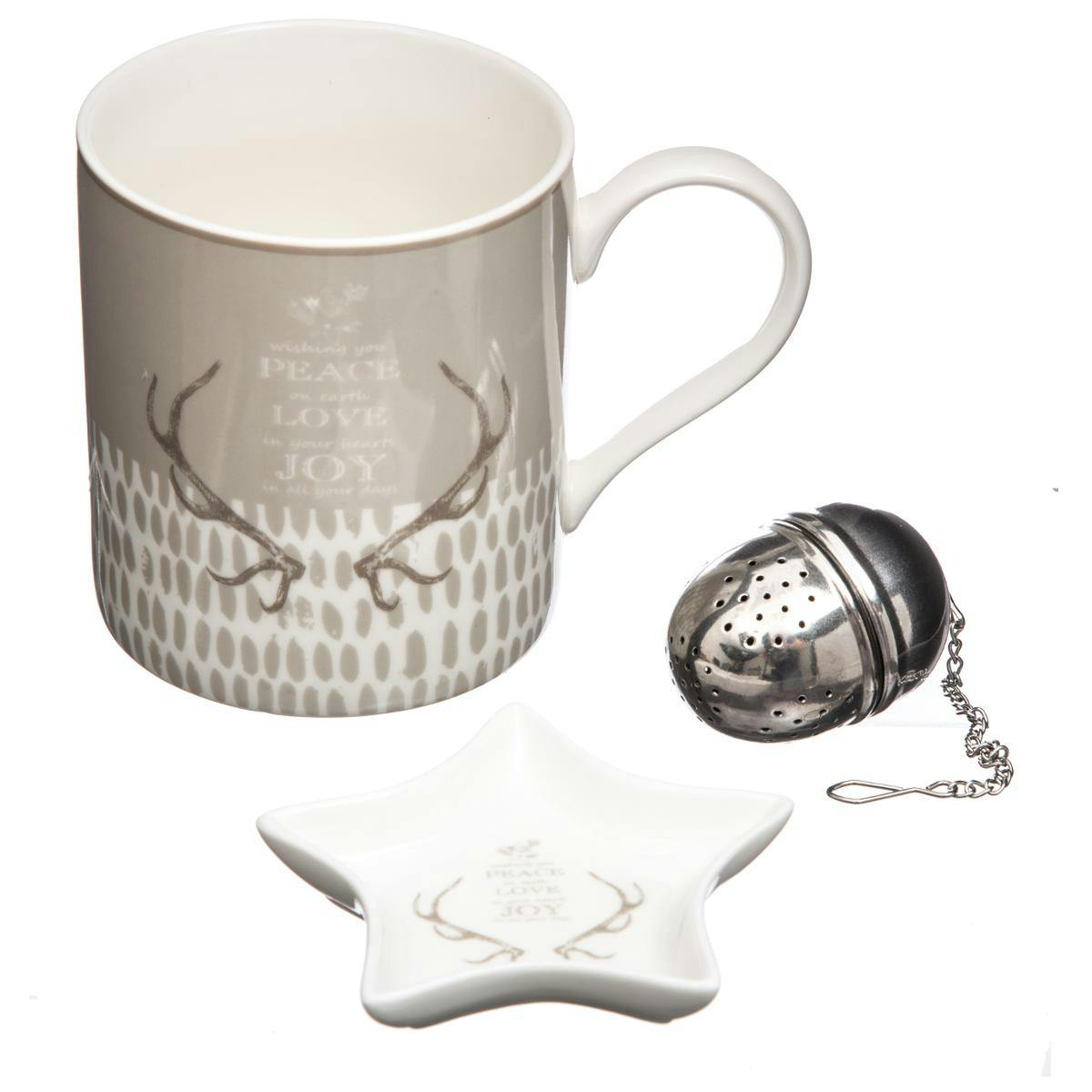 Coffret mug beige décor ramure + boule à thé en inox