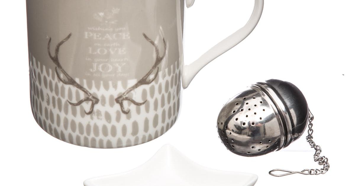 Coffret mug beige décor ramure + boule à thé en inox