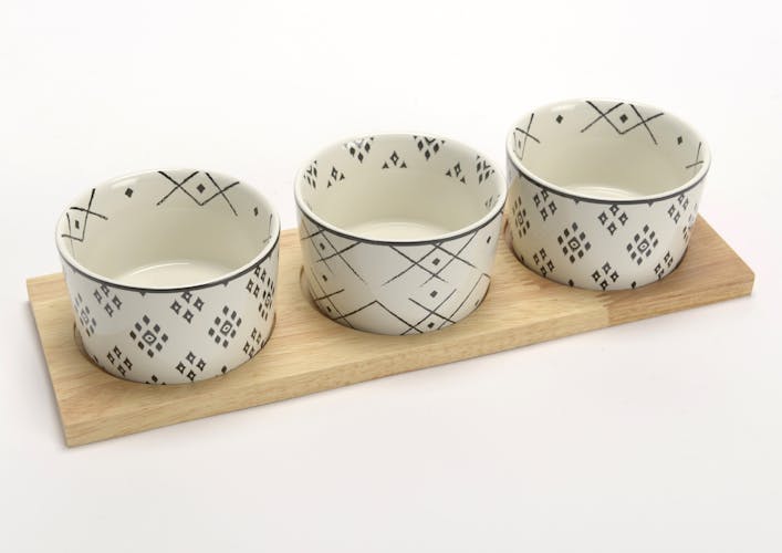 Coffret plateau rectangle avec 3 bols porcelaine écrue et noire avec motifs assortis