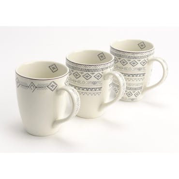  Coffret Steppe de 3 Mugs à anse en porcelaine écrue avec motifs linéaires et liseré supérieur couleur bordeaux