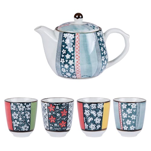 Coffret Théière + 4 Mugs gobelets Oslo Inspiration scandinave motifs fleurs et couleurs