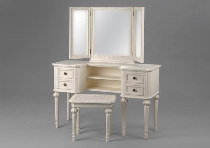 Coiffeuse 3 miroirs en bois blanc vieilli classique LEONIE L 113 x P 40 x  H 137 AMADEUS