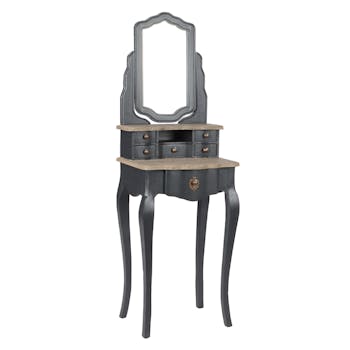 Coiffeuse Baroque 1 + 5 tiroirs CELESTINE ARDOISE plateaux bois naturel et miroir 50x40x150cm AMADEUS