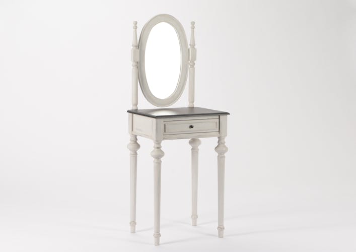 Coiffeuse Baroque 1 tiroir et miroir HERITAGE bois blanchi plateau anthracite 50x40x137cm AMADEUS