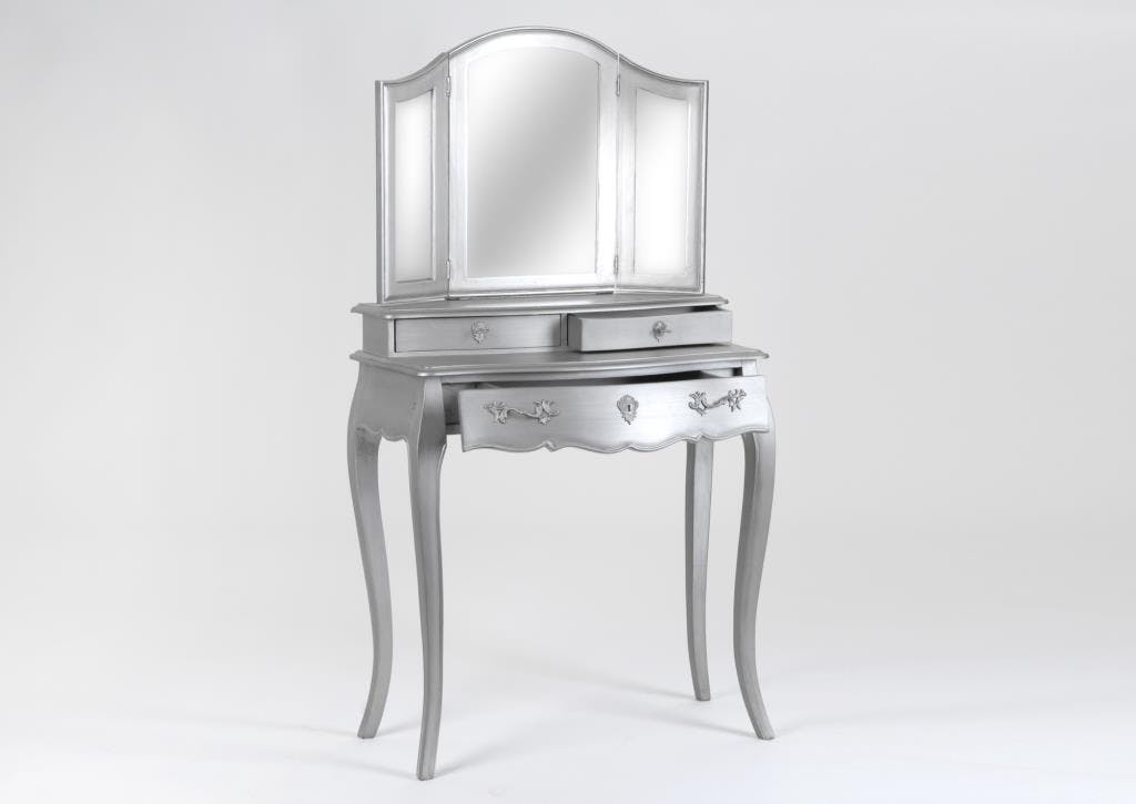 Coiffeuse baroque argentée 3 miroirs en bois 3 tiroirs MURANO L 80 x P 40 x  H 145 AMADEUS