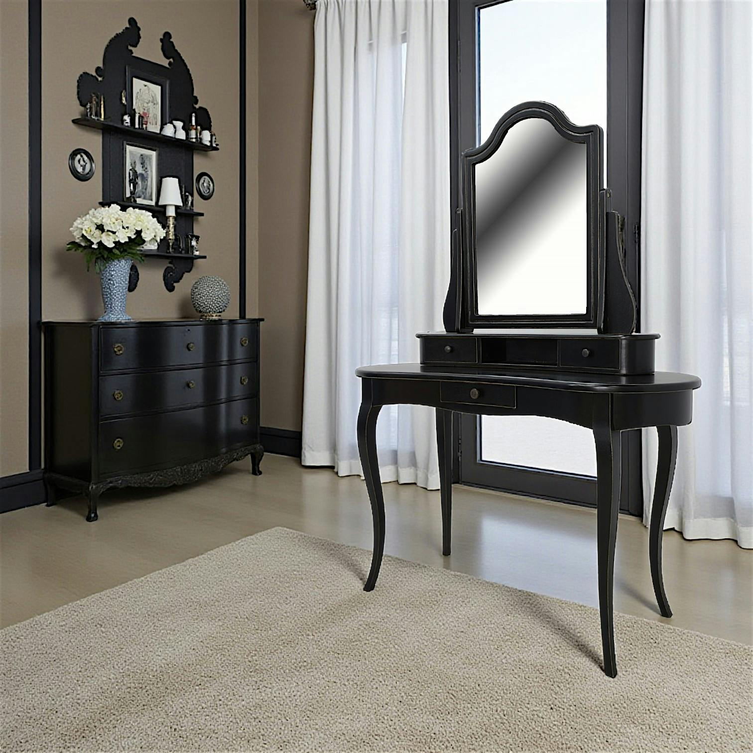 Coiffeuse miroir galbée hévéa 125x50x165cm TRADITION