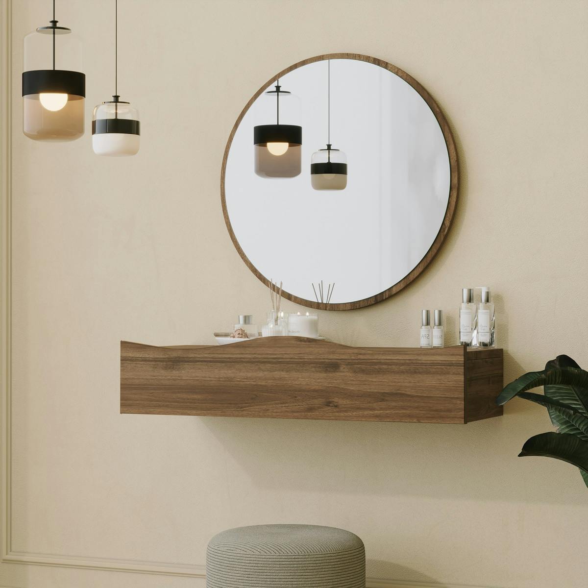 Coiffeuse murale effet bois foncé avec miroir, 2 tiroirs MARFA
