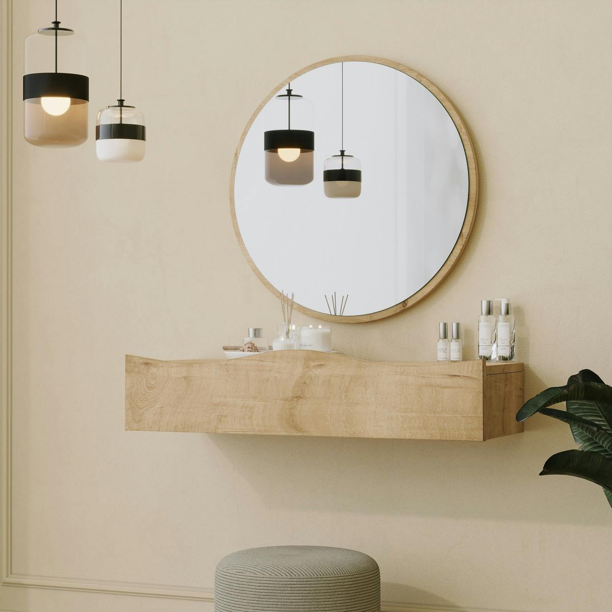 Coiffeuse murale scandinave avec miroir, 2 tiroirs MARFA