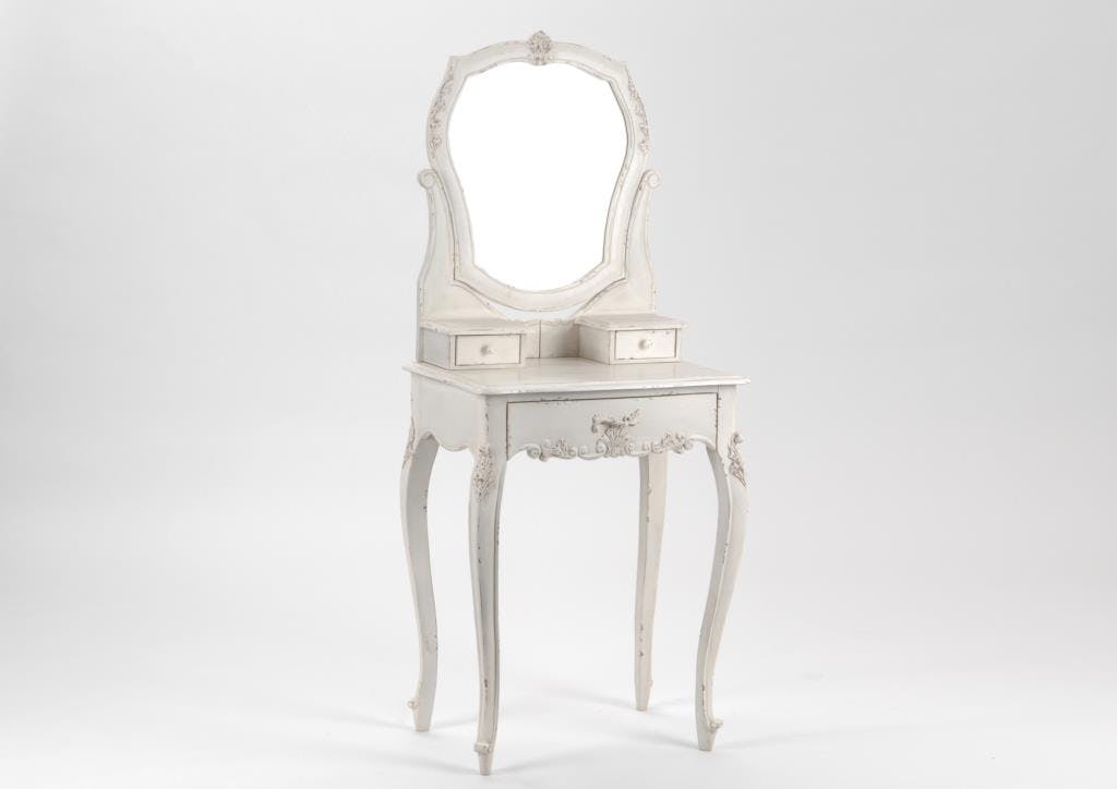 Coiffeuse shabby romantique en bois vielli blanc 3 tiroirs LOUISE L 60 x P 40 x  H 145 AMADEUS