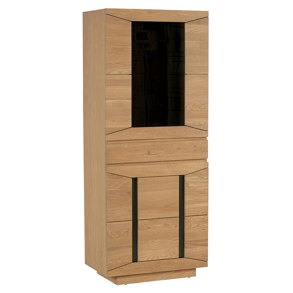 Colonne Chêne ciré et métal patiné 2 portes dont 1 vitrée fumée, 1 tiroir 75x43x183cm DARIO