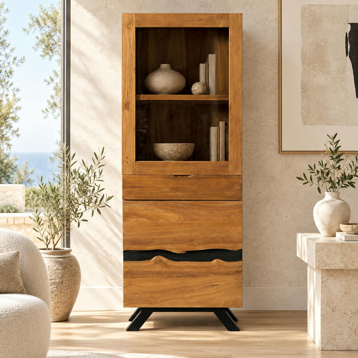 Colonne de rangement bois recyclé teck laque noire BARBADE