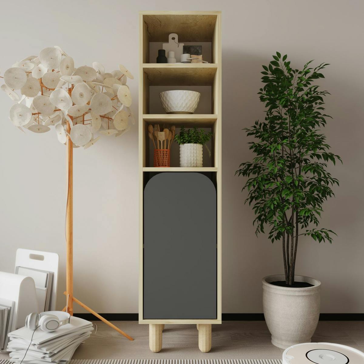 Colonne de rangement effet bois, 1 porte grise courbe VAREN