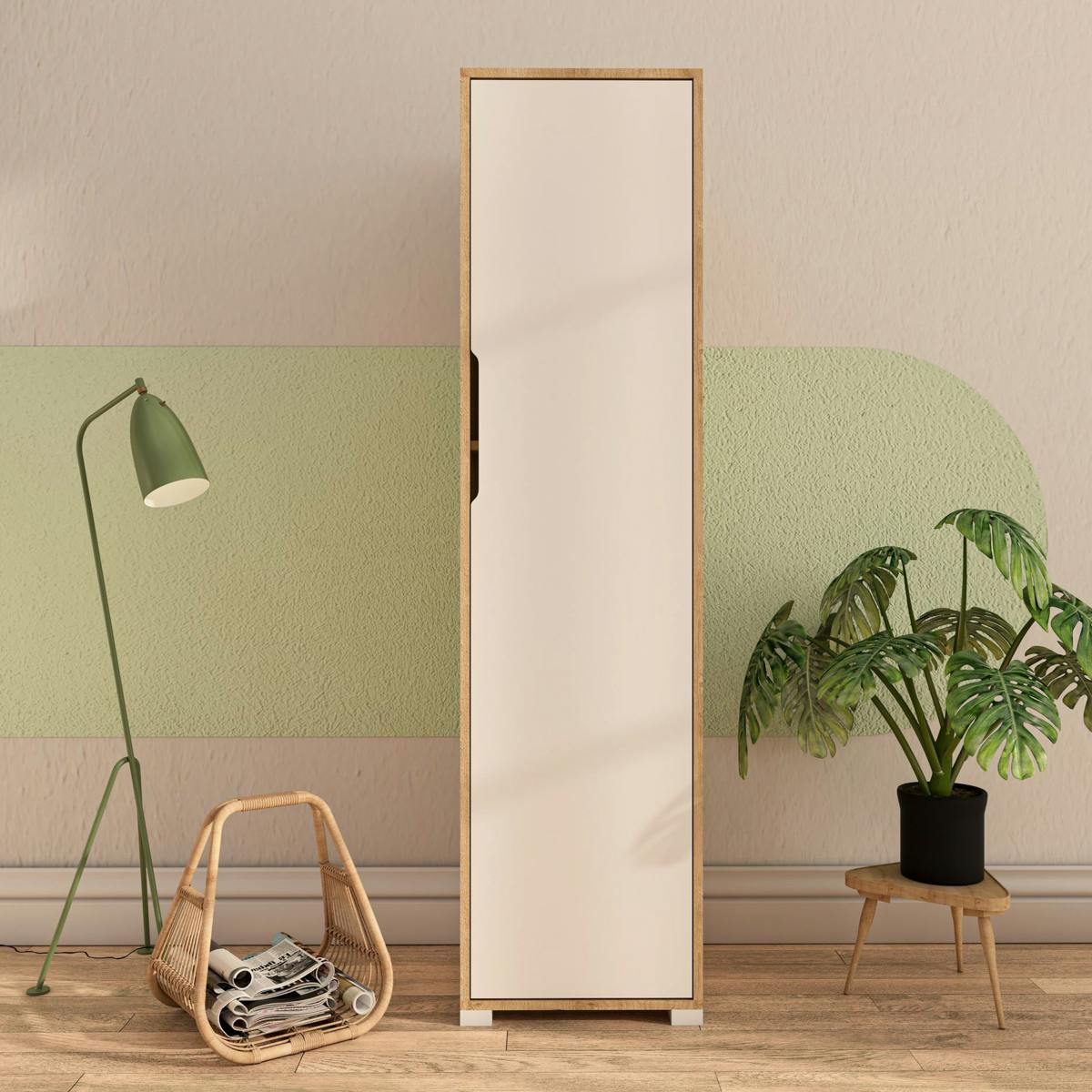 Colonne de rangement effet bois et porte blanche BYRON