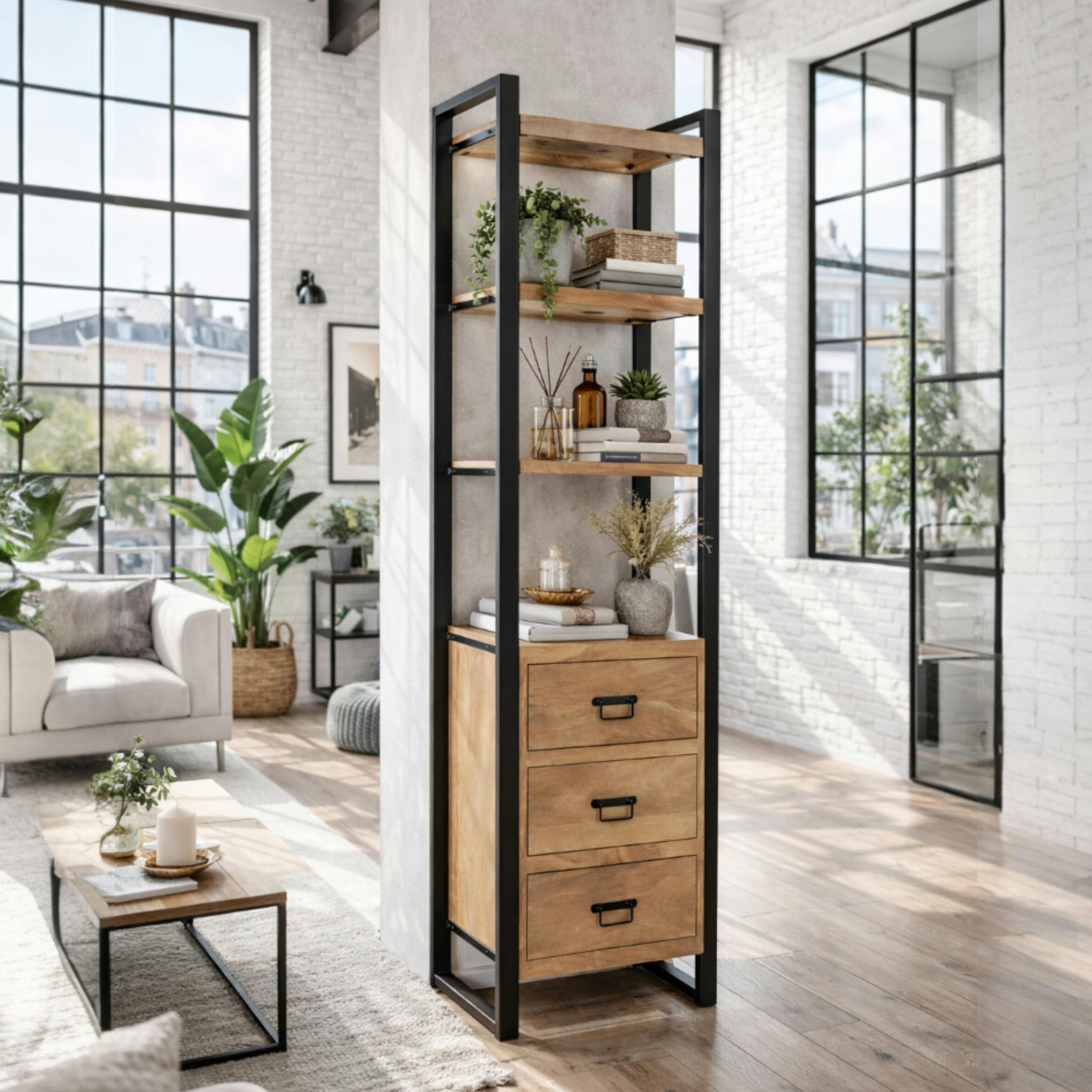 Colonne de salon bois clair métal noir 3 tiroirs MILORA