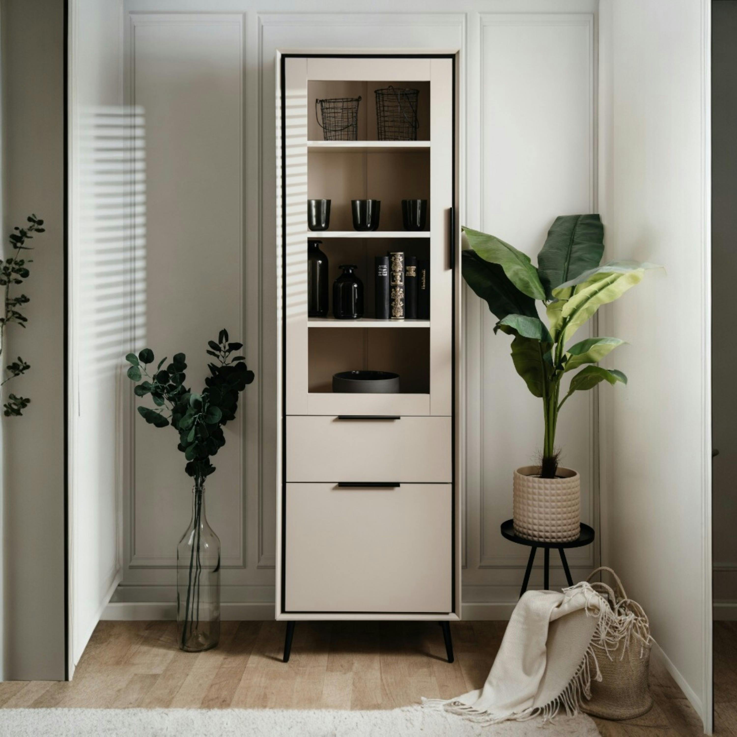 Colonne de salon vitrine taupe 2 portes AVIO