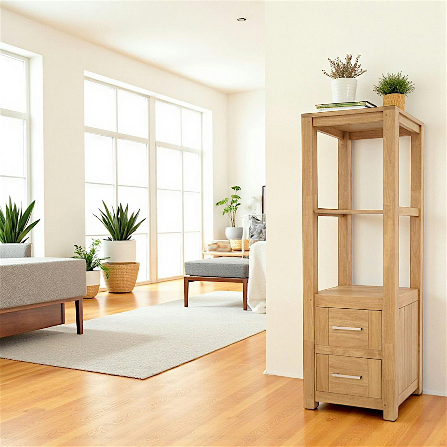 Colonne étagère moderne bois hévéa H151cm ATTAN