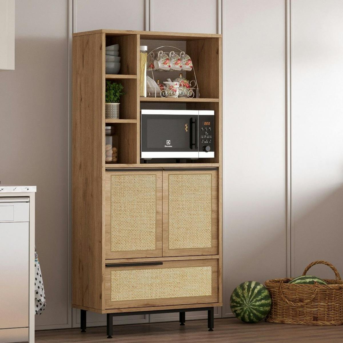 Colonne rangement cuisine cannage et niche micro-ondes JENA
