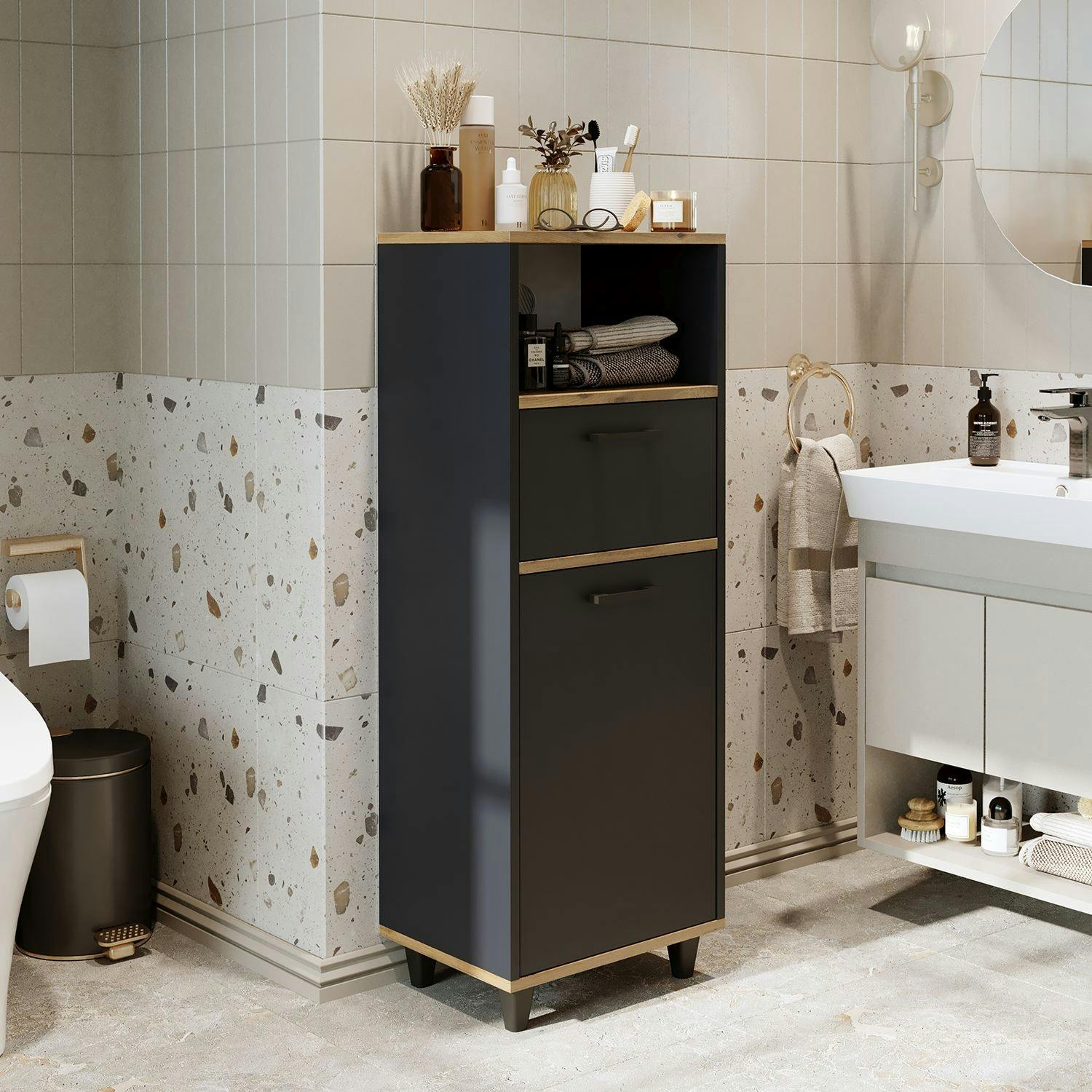 Colonne salle de bains anthracite avec panier à linge MARE
