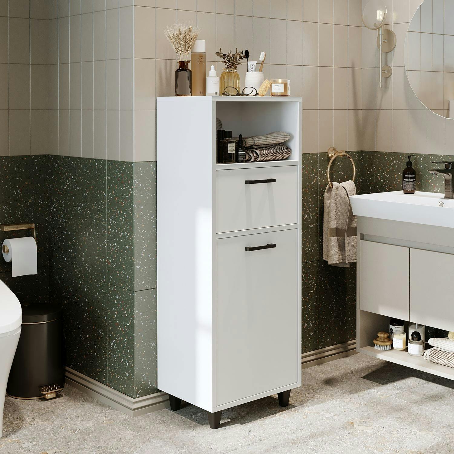 Colonne salle de bains blanche avec panier à linge MARE