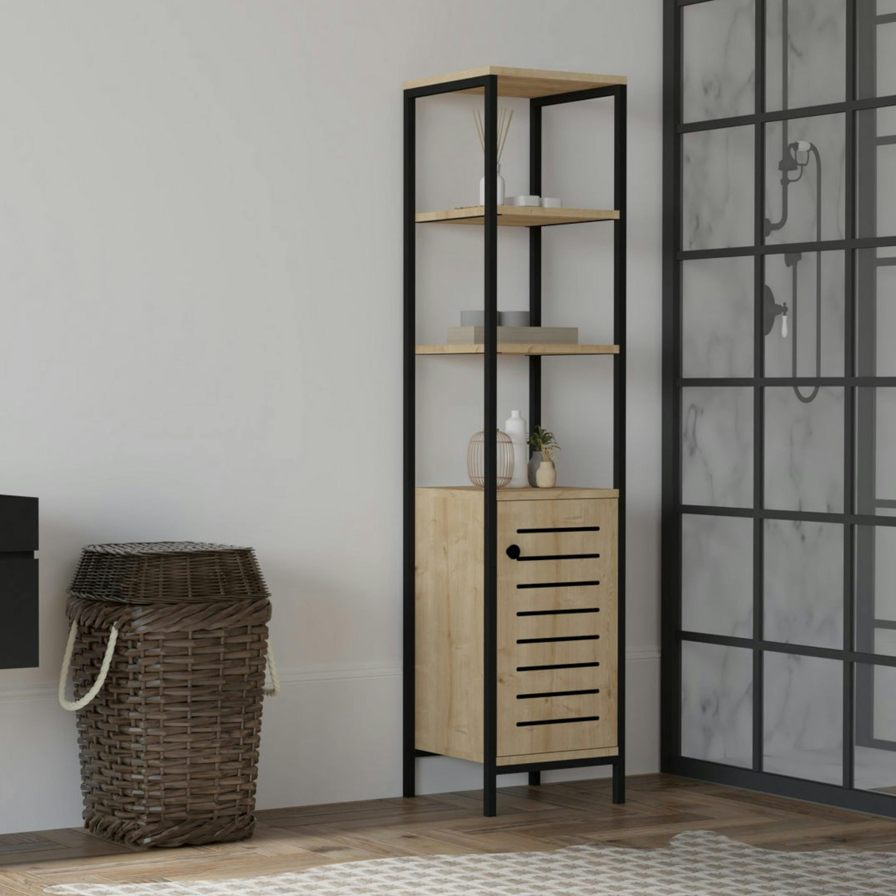 Colonne salle de bains effet chêne, rangements mixtes JENA