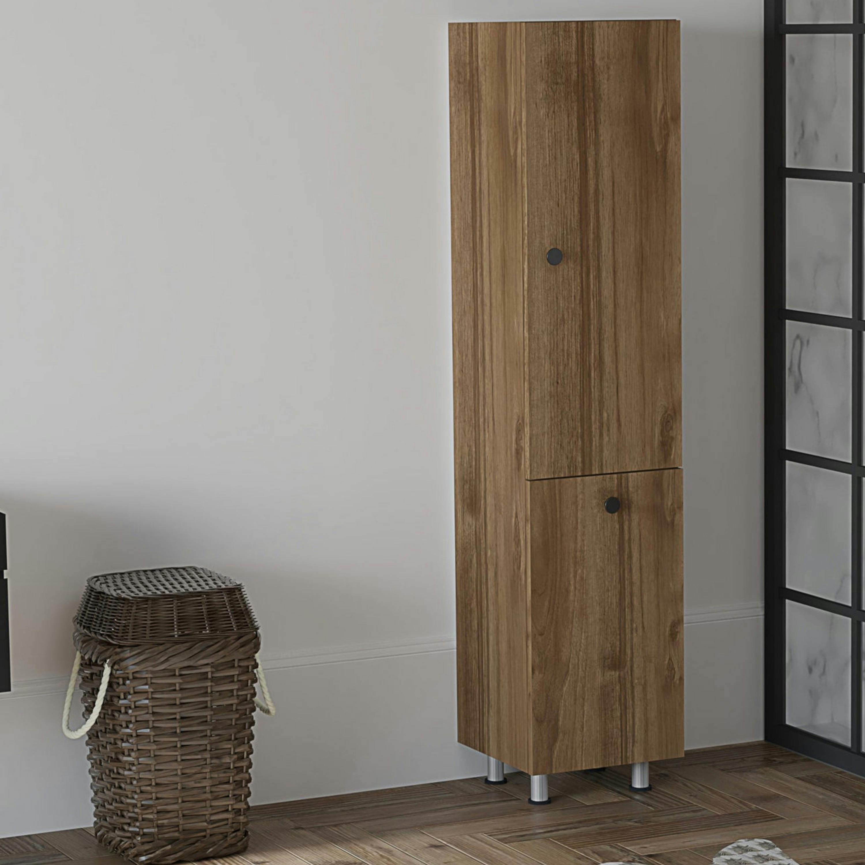 Colonne salle de bains effet noyer, porte & panier linge MARFA