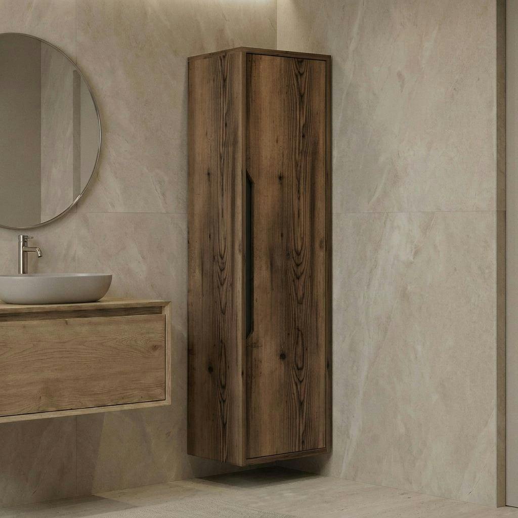 Colonne salle de bains suspendue décor bois foncé 1 porte AÏGA
