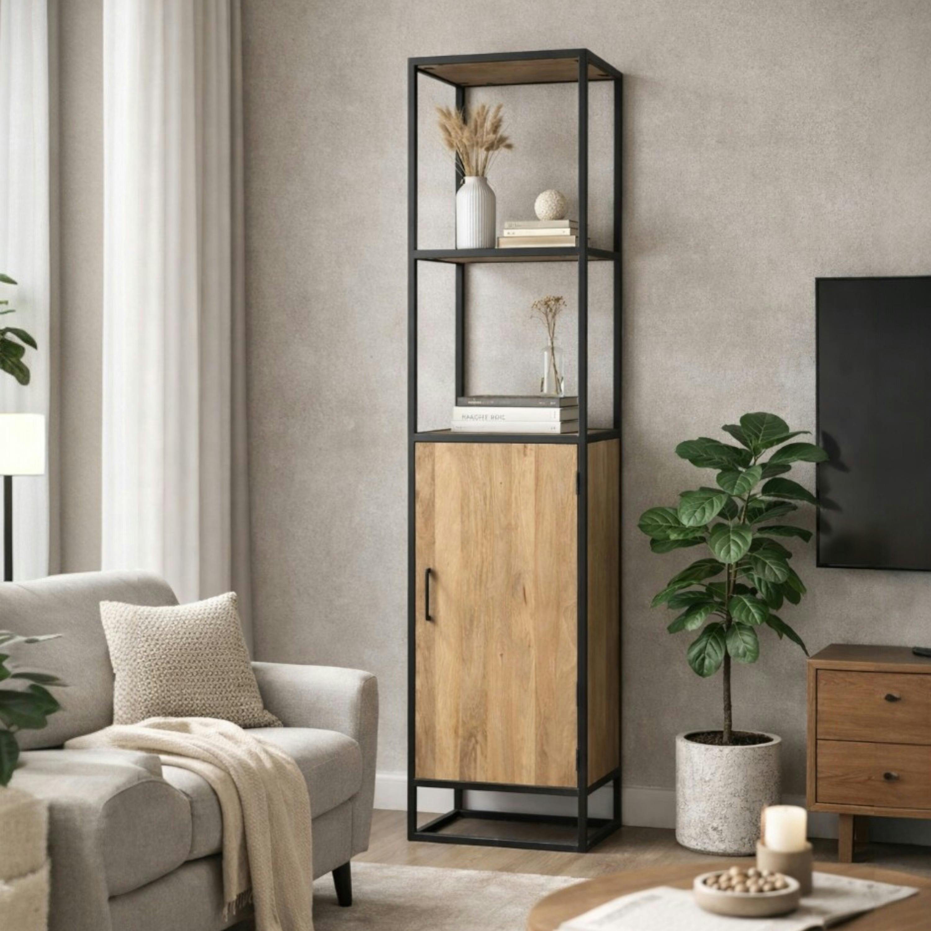 Colonne salon en bois clair 1 porte 2 plateaux RIVANO