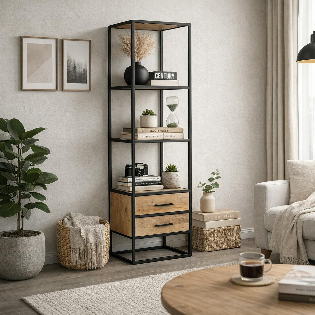 Colonne salon en bois clair 3 plateaux 2 tiroirs RIVANO