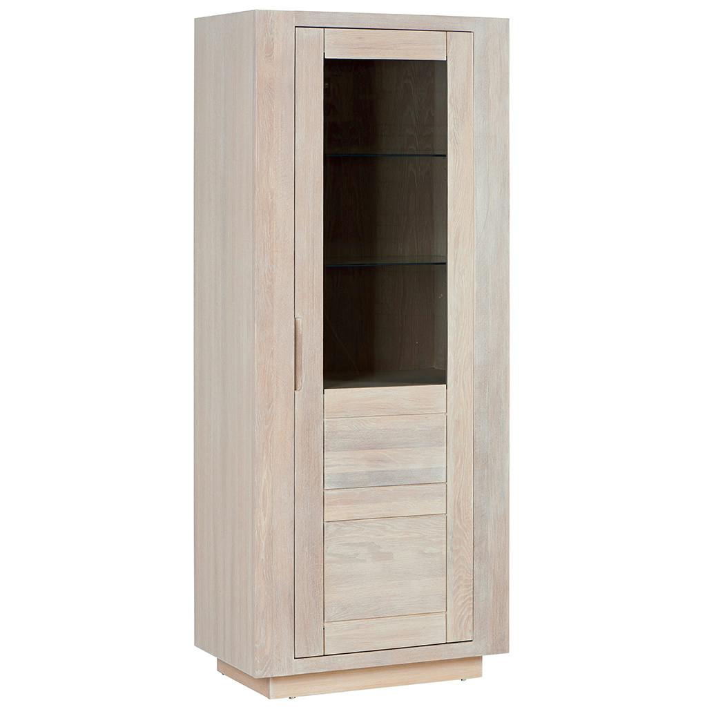 Colonne vitrée Chêne massif ciré blanchi 1 porte verre fumé 76x42x180cm MANILLE