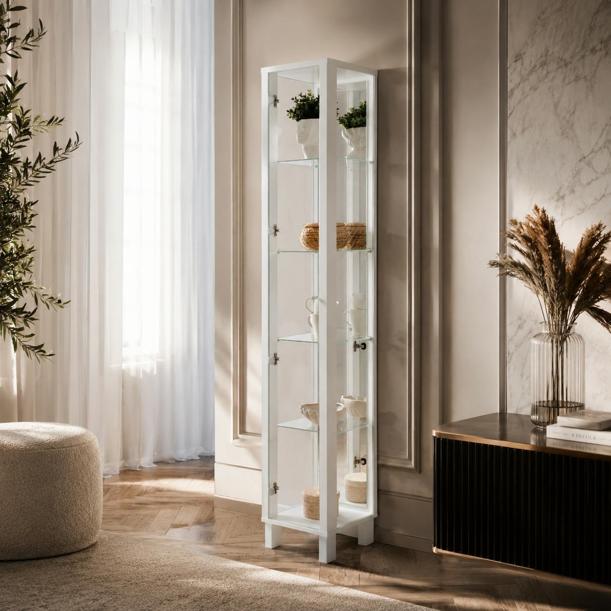 Colonne vitrine blanche 5 niveaux 1 miroir RAVEN