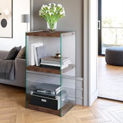 Colonne vitrine design - bois brun, 3 plateaux LHASA
