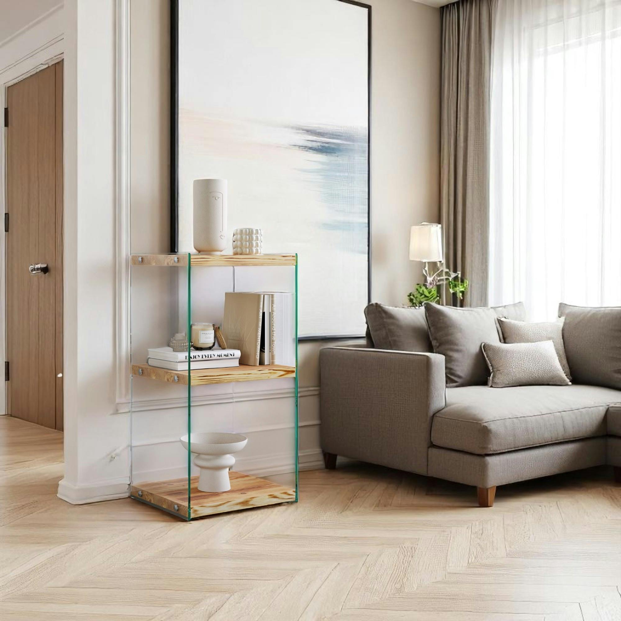 Colonne vitrine design - bois clair, 3 plateaux LHASA