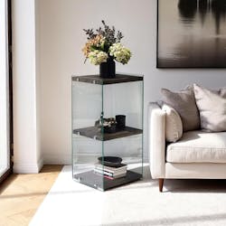 Colonne vitrine design - bois gris foncé, 3 plateaux LHASA